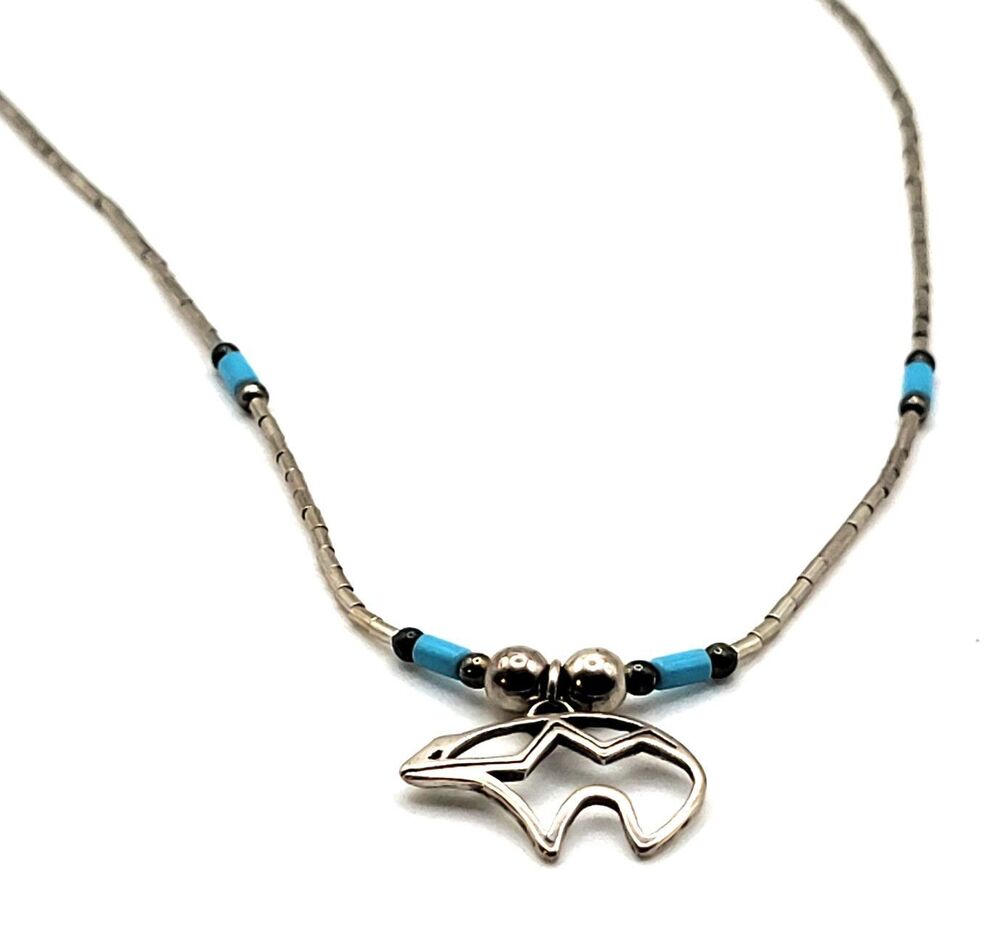 Native American Sterling Liquid Silver Turquoise Bead Bear Pendant Necklace 16in